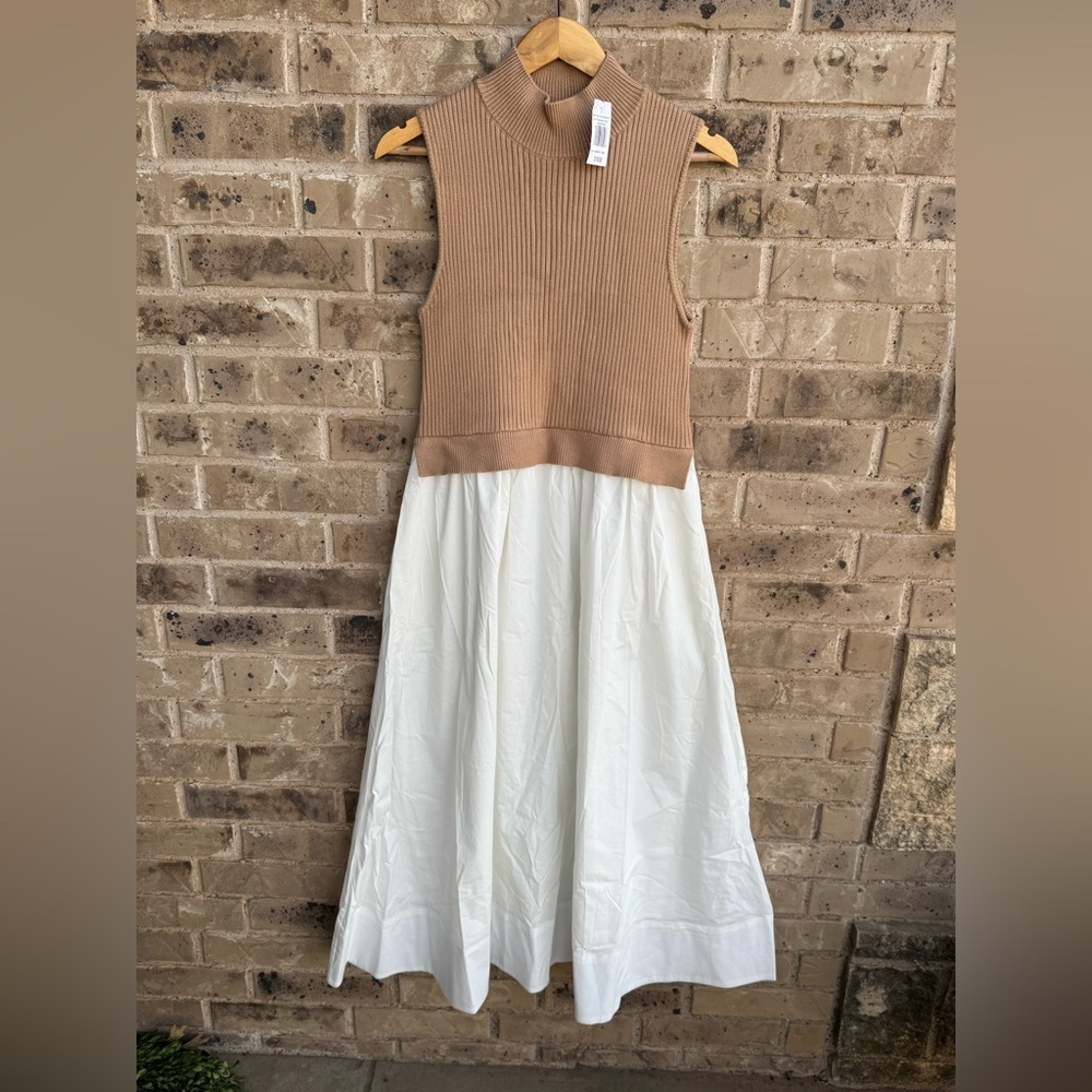 NWT ENGLISH FACTORY Mixed Media Turtleneck Tan/White Midi Dress Sz Large - Picture 4 of 13